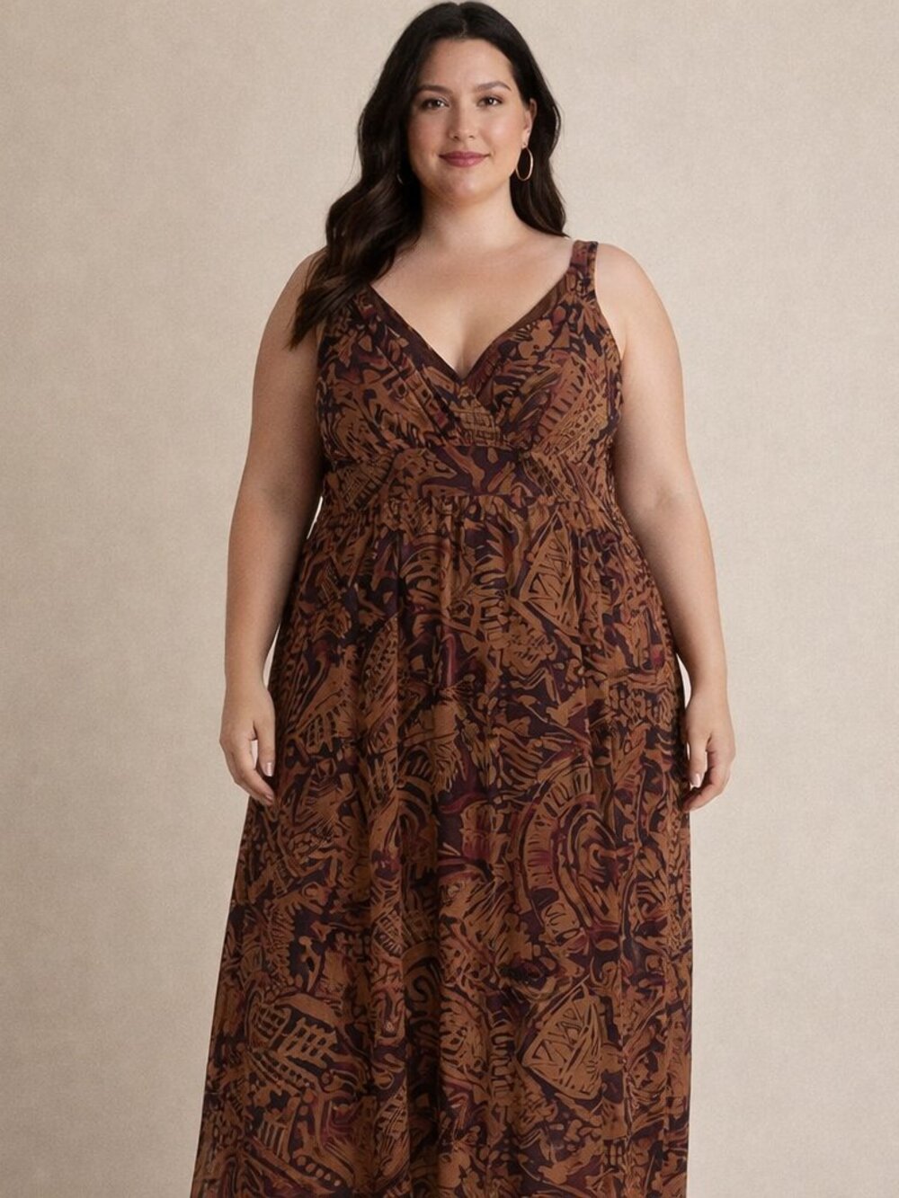 Robbie Bee Maxi Dress Size 16 Woman's Brown Print V-Neck Belted Sleeveless Lined - Picture 1 of 7
